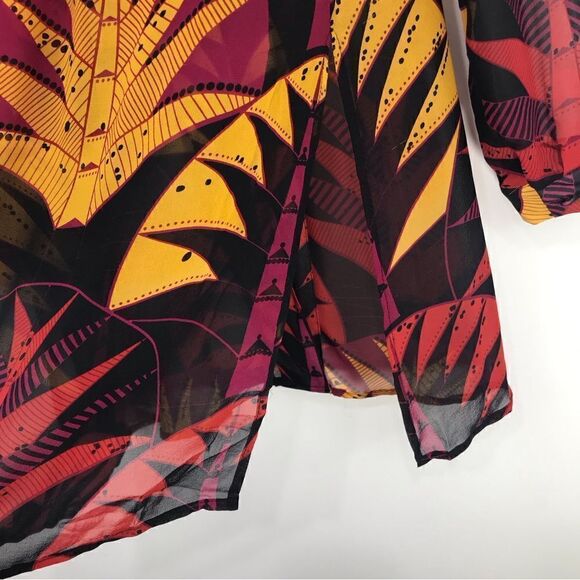 Nieves Lavi 100% Silk Black Red Yellow Tribal Tropical Semi Sheer Tunic Blouse - Picture 4 of 12